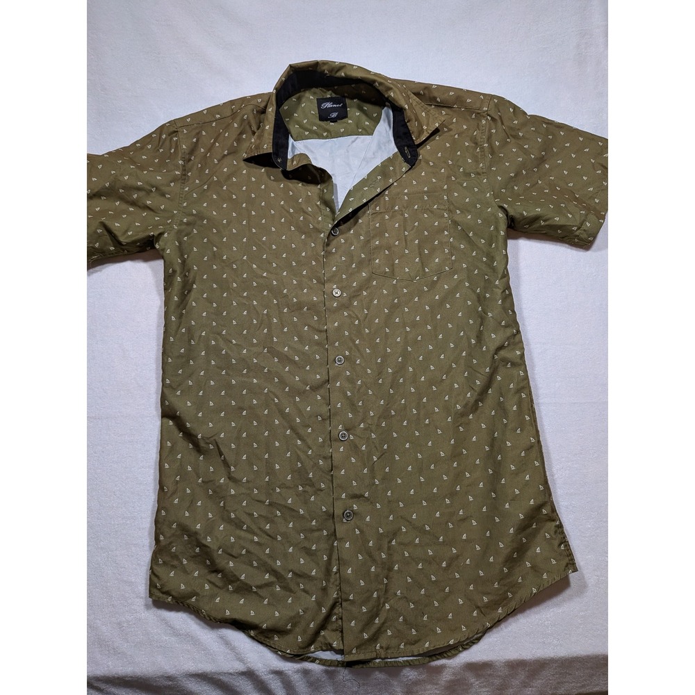 Planet B Mens Short Sleeve Button Up Shirt Olive Green Sailboat Print Size M